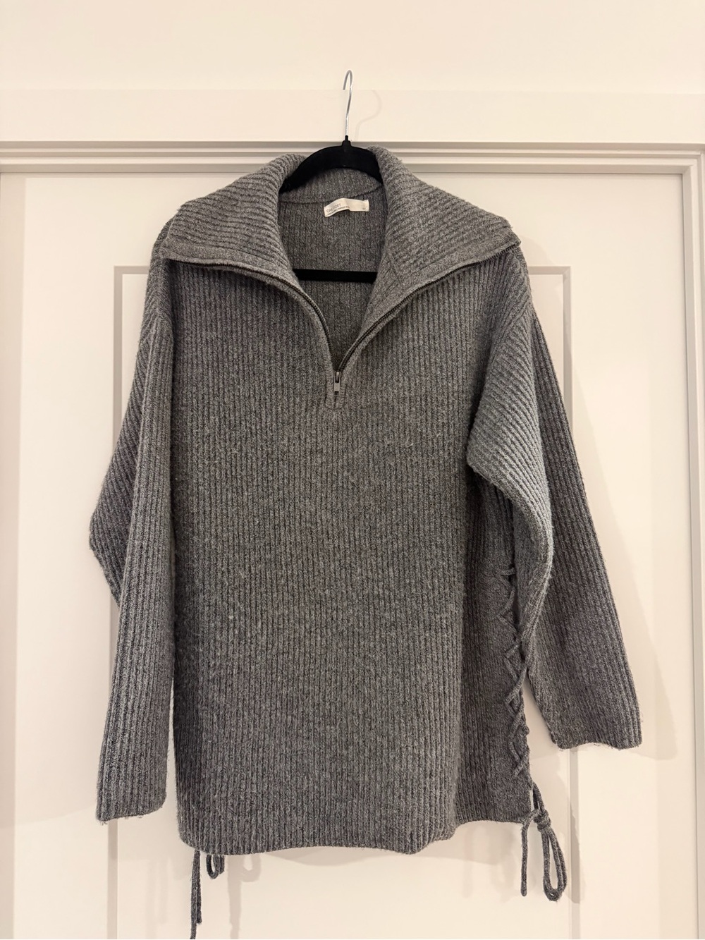 Men's Gray Half-Zip Ribbed Sweater with Side Lace-Up